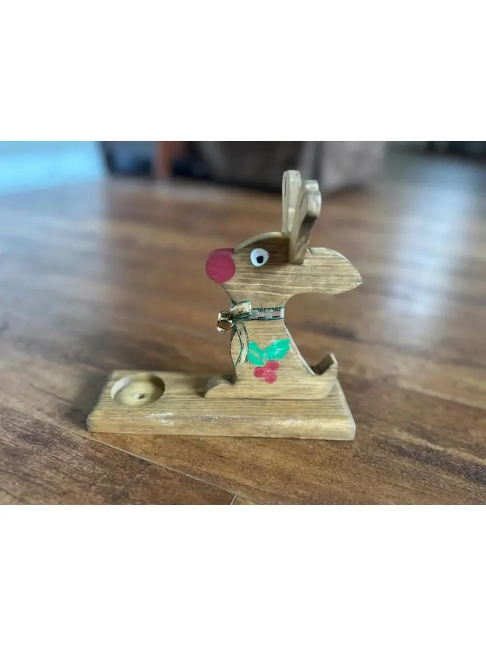 Wooden Reindeer Candle Holder with Festive Holly Decoration
